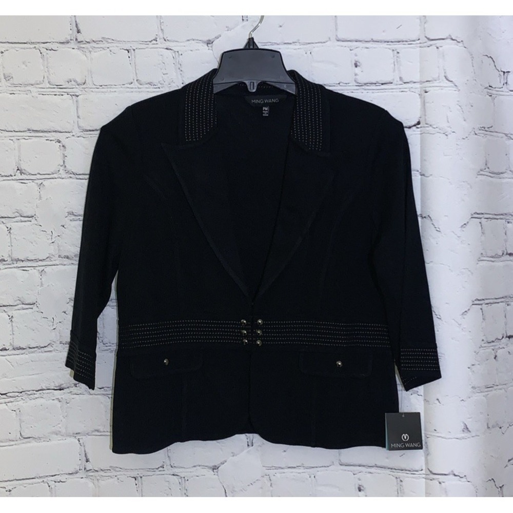 Ming Wang Knit Cardigan Petite Medium Black Collared 3/4 Sleeve Blazer Jacket